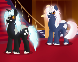 Size: 1280x1024 | Tagged: safe, artist:ectttan, kaiju, kaiju pony, pony, fanfic:the bridge, angry face, brothers, canterlot castle, crooked horn, duo, fanfic art, godzilla (series), godzilla junior, growling, horn, male, multiple horns, ponified, siblings, smiling, stallion, tricorn, xenilla