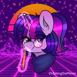 Size: 1000x1000 | Tagged: safe, artist:orbitingdamoon, twilight sparkle, ambiguous race, pony, g4, bust, eye clipping through hair, female, glasses, glowing, glowing horn, horn, magic, pencil, solo, synthwave, synthwave grid, telekinesis