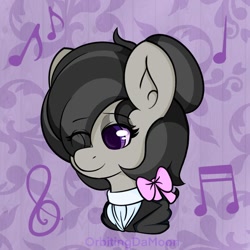 Size: 1000x1000 | Tagged: safe, artist:orbitingdamoon, octavia melody, earth pony, pony, g4, alternate hairstyle, bust, clothes, eye clipping through hair, female, hair over one eye, smiling, solo