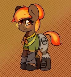 Size: 1000x1087 | Tagged: safe, artist:orbitingdamoon, oc, oc only, oc:maple syrup, earth pony, pony, clothes, glasses, solo