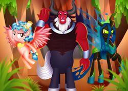 Size: 3500x2500 | Tagged: safe, artist:leonkay, cozy glow, lord tirek, queen chrysalis, alicorn, centaur, changeling, changeling queen, pony, taur, the ending of the end, alicornified, cozycorn, female, filly, foal, high res, male, nose piercing, nose ring, piercing, pointing, race swap, septum piercing, shiny, signature, trio, ultimate chrysalis