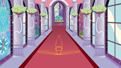 Size: 3252x1843 | Tagged: safe, artist:soren-the-owl, background, canterlot castle, colonnade, hallway, high res, liminal space, no pony, scenery, stained glass