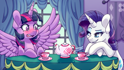 Size: 3840x2160 | Tagged: safe, artist:vladivoices, rarity, twilight sparkle, alicorn, pony, unicorn, fanfic:twilight sparkle has a type, g4, animatic, blushing, cup, duo, duo female, female, high res, lidded eyes, mare, multiple variants, spread wings, table, tea kettle, teacup, twilight sparkle (alicorn), wingboner, wings