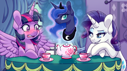 Size: 3840x2160 | Tagged: safe, alternate version, artist:vladivoices, princess luna, rarity, twilight sparkle, alicorn, pony, unicorn, fanfic:twilight sparkle has a type, g4, animatic, blushing, cup, female, high res, implied lesbian, implied shipping, implied twiluna, lidded eyes, mare, multiple variants, spread wings, table, tea kettle, teacup, trio, twilight sparkle (alicorn), wingboner, wings