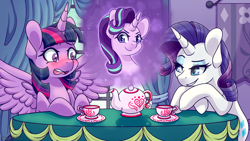 Size: 3840x2160 | Tagged: safe, alternate character, alternate version, artist:vladivoices, rarity, starlight glimmer, twilight sparkle, alicorn, pony, unicorn, fanfic:twilight sparkle has a type, g4, animatic, blushing, cup, female, high res, implied lesbian, implied shipping, implied twistarlight, lidded eyes, mare, multiple variants, spread wings, table, tea kettle, teacup, twilight sparkle (alicorn), wingboner, wings