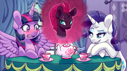 Size: 3840x2160 | Tagged: safe, alternate character, alternate version, artist:vladivoices, rarity, tempest shadow, twilight sparkle, alicorn, pony, unicorn, fanfic:twilight sparkle has a type, g4, animatic, blushing, broken horn, cup, eye scar, female, high res, horn, implied tempestlight, lidded eyes, mare, multiple variants, scar, spread wings, table, tea kettle, teacup, twilight sparkle (alicorn), wingboner, wings
