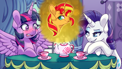 Size: 3840x2160 | Tagged: safe, alternate character, alternate version, artist:vladivoices, rarity, sunset shimmer, twilight sparkle, alicorn, pony, unicorn, fanfic:twilight sparkle has a type, animatic, blushing, cup, female, high res, implied lesbian, implied shipping, implied sunsetsparkle, lidded eyes, mare, multiple variants, spread wings, table, tea kettle, teacup, twilight sparkle (alicorn), wingboner, wings