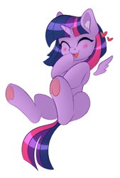 Size: 2502x3710 | Tagged: safe, artist:vetta, twilight sparkle, alicorn, pony, g4, ^^, blushing, colored underhoof, cute, ear fluff, eyes closed, female, floating wings, full body, heart, high res, hoof heart, hoof over mouth, hooves, horn, mare, open mouth, open smile, simple background, smiling, solo, tail, twiabetes, twilight sparkle (alicorn), underhoof, white background, wings