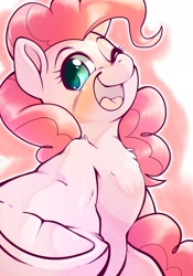 Size: 1430x2048 | Tagged: safe, artist:kurogewapony, pinkie pie, earth pony, pony, g4, abstract background, bipedal, blushing, cute, diapinkes, female, frog (hoof), looking at you, mare, one eye closed, open mouth, open smile, reaching, smiling, smiling at you, solo, underhoof