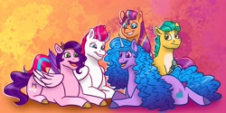 Size: 3094x1553 | Tagged: safe, artist:bella-pink-savage, hitch trailblazer, izzy moonbow, pipp petals, sunny starscout, zipp storm, earth pony, pegasus, pony, unicorn, g5, my little pony: tell your tale, female, grin, high res, looking at each other, looking at someone, lying down, male, mane five, mane stripe sunny, mare, open mouth, open smile, prone, smiling, smiling at each other, stallion