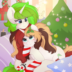 Size: 3000x3000 | Tagged: safe, artist:yomechka, oc, oc only, oc:scarlet serenade, oc:vinyl mix, pony, unicorn, blushing, christmas, christmas tree, christmas wreath, clothes, couple, duo, duo female, ear fluff, eye clipping through hair, female, high res, holiday, holly, horn, mare, oc x oc, present, scarletmix, shipping, socks, striped socks, tree, unicorn oc, wreath