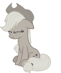 Size: 859x1024 | Tagged: safe, artist:michaelsety, edit, applejack, earth pony, pony, g4, applejack tragedy, applejack's hat, cowboy hat, crying, discorded, ears back, eyes closed, female, frown, full body, hat, hooves, mare, sad, simple background, sitting, solo, tail, transparent background