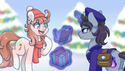 Size: 1920x1080 | Tagged: safe, artist:vladivoices, oc, oc only, pony, unicorn, christmas, christmas tree, clipboard, clothes, duo, glowing, glowing horn, hat, heterochromia, holiday, horn, magic, mailpony, present, scarf, smiling, snow, telekinesis, tree, unicorn oc, winter hat