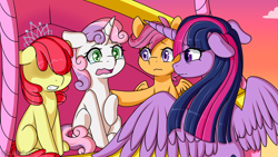 Size: 1920x1080 | Tagged: safe, artist:vladivoices, apple bloom, scootaloo, sweetie belle, twilight sparkle, alicorn, earth pony, pegasus, pony, unicorn, fanfic:history repeats, g4, animatic, crying, cutie mark crusaders, female, filly, floppy ears, foal, gritted teeth, twilight sparkle (alicorn)