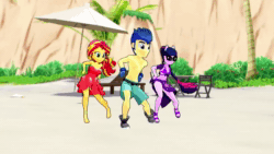 Size: 1920x1080 | Tagged: safe, artist:apps for kids, flash sentry, sci-twi, sunset shimmer, twilight sparkle, equestria girls, g4, 3d, animated, bikini, clothes, dancer, dancing, day, dress, front knot midriff, gloves, midriff, movement, panties, partial nudity, pony ears, pose, rainbow underwear, sarong, skirt, sound, swimsuit, topless, underwear, upskirt, webm