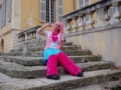 Size: 1010x757 | Tagged: safe, artist:trauma-tizm, oc, oc:fluffle puff, human, 2015, clothes, cosplay, costume, irl, irl human, photo, sitting, solo