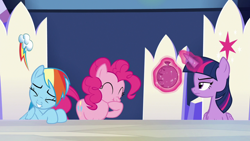 Size: 1280x720 | Tagged: safe, screencap, pinkie pie, rainbow dash, twilight sparkle, alicorn, earth pony, pegasus, pony, 28 pranks later, g4, season 6, ^^, about to laugh, cute, cutie map, diapinkes, eyes closed, female, prank, pranked, scrunchy face, this will end in laughs, trio, trio female, twilight sparkle (alicorn), twilight sparkle is not amused, unamused, whoopee cushion