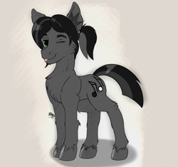Size: 1797x1685 | Tagged: safe, artist:levinerex, oc, oc only, earth pony, pony, :p, chest fluff, ear fluff, gray background, green eyes, male, one eye closed, ponytail, simple background, stallion, standing, tongue out, wink