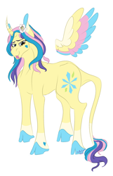 Size: 1194x1858 | Tagged: safe, artist:chronicallycryptic, princess gold lily, alicorn, pony, curved horn, horn, leonine tail, redesign, simple background, solo, tail, white background
