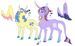 Size: 1137x703 | Tagged: safe, artist:chronicallycryptic, princess gold lily, princess sterling, alicorn, pony, curved horn, duo, duo female, female, frown, horn, leonine tail, mare, redesign, simple background, smiling, tail, white background