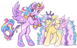 Size: 540x337 | Tagged: safe, artist:plushiepoms, princess gold lily, princess sterling, alicorn, pony, duo, duo female, female, floppy ears, jewelry, leonine tail, looking back, mare, regalia, siblings, simple background, sisters, tail, transparent background