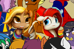 Size: 1161x778 | Tagged: safe, artist:nicolaykoriagin, doctor whooves, time turner, oc, oc:gallop crush, pegasus, pony, unicorn, 2022 community collab, derpibooru community collaboration, g4, clothes, doctor who, fez, fourth doctor's scarf, hat, scarf, sonic screwdriver, striped scarf
