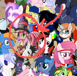 Size: 576x564 | Tagged: safe, derpibooru exclusive, oc, oc only, oc:annisa trihapsari, oc:didgeree, oc:foxy whooves, oc:professor venturer, oc:rozyfly, griffon, pegasus, pony, unicorn, 2022 community collab, derpibooru community collaboration, pony town, g4, hat, looking at each other, looking at someone, looking at you, smiling, smiling at you