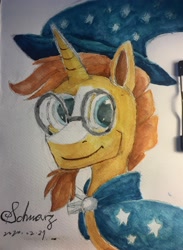 Size: 2862x3912 | Tagged: safe, artist:schwarz, sunburst, pony, unicorn, g4, clothes, glasses, hat, high res, traditional art, watercolor painting, wizard, wizard hat