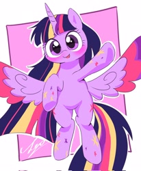 Size: 1686x2048 | Tagged: safe, artist:leo19969525, twilight sparkle, alicorn, pony, g4, blushing, colored wings, cute, ears, female, flying, horn, mare, multicolored mane, multicolored wings, open mouth, open smile, rainbow power, smiling, solo, tail, twiabetes, twilight sparkle (alicorn), waving at you, wings