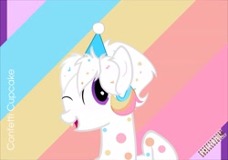 Size: 2727x1919 | Tagged: safe, artist:ponyrailartist, oc, oc only, oc:confetti cupcake, bat pony, pony, one eye closed, smiling, wink