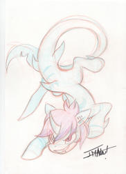 Size: 2550x3510 | Tagged: safe, artist:imalou, oc, oc:killi thaum, original species, shark, shark pony, fangs, fins, high res, horn, tail, traditional art