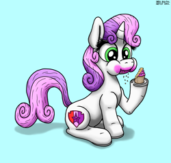 Size: 2228x2119 | Tagged: safe, artist:darkyboode32, sweetie belle, pony, unicorn, g4, blue background, comments locked down, crumbs, cupcake, cute, diasweetes, eating, female, filly, foal, food, high res, messy eating, simple background, sitting, solo