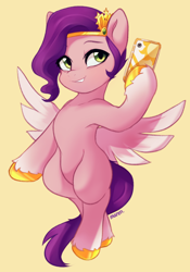 Size: 1706x2443 | Tagged: safe, artist:maren, pipp petals, pegasus, pony, g5, adorapipp, bipedal, cellphone, cute, female, flying, grin, high res, mare, markings, phone, simple background, smartphone, smiling, solo, spread wings, unshorn fetlocks, wings, yellow background