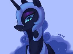 Size: 2732x2048 | Tagged: safe, artist:maren, nightmare moon, alicorn, pony, g4, blue background, bust, cute, cute little fangs, eyeshadow, fangs, female, helmet, high res, jewelry, looking at you, makeup, mare, moonabetes, regalia, simple background, solo