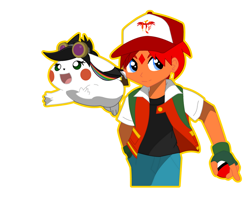 Size: 1024x829 | Tagged: safe, artist:dburch01, oc, oc:goldenfox, oc:lightning bliss, human, pikachu, aviator goggles, baseball cap, cap, goggles, hat, poké ball, pokémon, race swap, simple background, transparent background