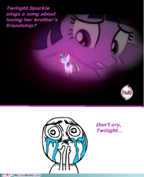 Size: 500x612 | Tagged: safe, edit, edited screencap, screencap, twilight sparkle, pony, unicorn, a canterlot wedding, g4, season 2, crying, female, hub logo, logo, mare, meme, my little brony, pointy ponies, rage comic, the hub, unicorn twilight