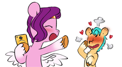 Size: 2573x1412 | Tagged: safe, artist:chub-wub, edit, hitch trailblazer, pipp petals, earth pony, pegasus, pony, g5, adorkable, blushing, cellphone, comic, cropped, cute, dork, faic, female, flustered, hitchpipp, iphone, male, mare, phone, shipping, smartphone, smiling, stallion, straight, waving, wings
