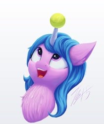 Size: 1520x1811 | Tagged: safe, artist:t15, izzy moonbow, pony, unicorn, g5, my little pony: a new generation, ball, bust, chest fluff, cute, ear fluff, female, fluffy, head shot, izzy's tennis ball, izzybetes, looking up, mare, open mouth, open smile, portrait, purple eyes, simple background, smiling, solo, tennis ball, white background