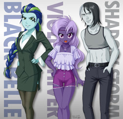 Size: 1200x1167 | Tagged: safe, artist:uotapo, idw, black belle, shadow storm, violet shiver, equestria girls, g4, my little pony: generations, abs, black and white mane, braided ponytail, breasts, cleavage, clothes, equestria girls-ified, facial markings, female, jeans, jewelry, male, midriff, necklace, pants, pencil skirt, shirt, shorts, skirt, stockings, suit, tank top, thigh highs