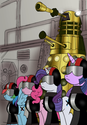 Size: 2519x3622 | Tagged: safe, artist:hypnohooves, artist:jmkplover, pinkie pie, rainbow dash, rarity, twilight sparkle, alicorn, alien, earth pony, pony, unicorn, g4, bodysuit, brainwashing, clothes, crossover, cutiemarking, dalek, daleks: invasion earth 2150, doctor who, female, helmet, high res, jumpsuit, mind control, roboticization, suit, this will end in death, this will end in insanity