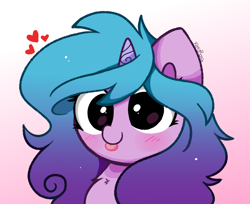 Size: 1226x1000 | Tagged: safe, artist:kittyrosie, izzy moonbow, pony, unicorn, g5, my little pony: a new generation, :p, abstract background, blushing, chest fluff, cute, female, heart, izzybetes, mare, simple background, solo, tongue out