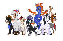 Size: 2800x1800 | Tagged: safe, artist:thescornfulreptilian, oc, oc:mandrake, oc:pennsylvania, oc:puyi, oc:salt, oc:swashbuckle, oc:tartan, oc:tweed, alpaca, bull, classical unicorn, deer, dragon, goat, hybrid, longma, pony, sheep, unicorn, cloven hooves, glasses, horn, leonine tail, male, ram, simple background, transparent background, unshorn fetlocks