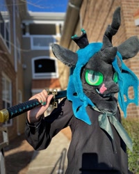 Size: 1440x1800 | Tagged: safe, artist:limeythecheetah, queen chrysalis, human, g4, clothes, costume, fursuit, irl, irl human, photo, solo, sword, weapon