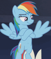 Size: 524x606 | Tagged: safe, edit, edited screencap, screencap, rainbow dash, pegasus, pony, the beginning of the end, animated, belly button, bipedal, crossed hooves, cute, female, flapping wings, flying, gif, mare, smiling, smirk, solo, spread wings, wings
