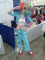 Size: 1548x2066 | Tagged: safe, artist:brinycosplay, rainbow dash, human, bronycon, bronycon 2015, g4, clothes, cosplay, costume, cutie mark on clothes, hand on hip, irl, irl human, multicolored hair, photo, rainbow hair, shoes, sneakers, sunglasses