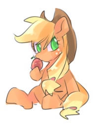 Size: 768x1024 | Tagged: safe, artist:pnpn_721, applejack, earth pony, pony, g4, apple, applejack's hat, cowboy hat, female, food, freckles, hat, hoof hold, looking at you, mare, simple background, sitting, solo, white background