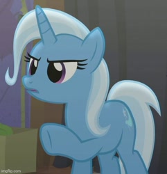 Size: 500x519 | Tagged: safe, screencap, trixie, pony, unicorn, g4, no second prances, season 6, cropped, female, hooves, horn, imgflip, mare, open mouth, raised hoof, solo, standing