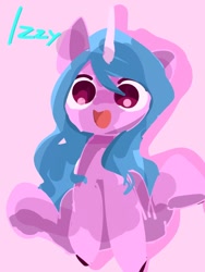 Size: 768x1024 | Tagged: safe, artist:pnpn_721, izzy moonbow, pony, unicorn, g5, cute, female, izzybetes, looking at you, mare, open mouth, open smile, pink background, simple background, smiling, smiling at you, solo, text
