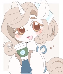 Size: 1744x2048 | Tagged: safe, artist:ginmaruxx, oc, oc only, pony, unicorn, blushing, bust, coffee, commission, drink, female, hat, heart, hoof hold, looking at you, mare, open mouth, open smile, simple background, smiling, smiling at you, solo, thanks, white background