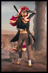Size: 3600x5400 | Tagged: safe, artist:imafutureguitarhero, sunset shimmer, classical unicorn, unicorn, anthro, unguligrade anthro, g4, 3d, absurd resolution, arrow, border, bow (weapon), cargo pants, cheek fluff, chin fluff, chromatic aberration, clothes, cloven hooves, colored eyebrows, colored eyelashes, day, dead grass, desert, ear fluff, female, film grain, fingerless gloves, fluffy, fluffy mane, freckles, fur, gloves, grass, hoof fluff, horn, jacket, jewelry, leather gloves, leg wraps, leonine tail, long hair, long mane, long nails, mare, multicolored hair, multicolored mane, multicolored tail, necklace, nose wrinkle, outdoors, paintover, pants, peppered bacon, quiver, revamped anthros, revamped ponies, rock, short shirt, signature, solo, source filmmaker, strap, tail, torn clothes, tree, unshorn fetlocks, vertical, wall of tags, windswept mane, windswept tail